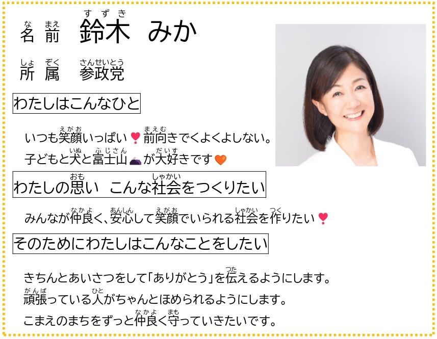 （すずきこうほ　わかりやすいめいし） なまえ　すずき　みか しょぞくせいとう　さんせいとう すずきこうほ　にっこりわらったかおじゃしんです わたしはこんなひと　いつもえがおいっぱいまえむきでくよくよしない。こどもといぬとふじさんがだいすきです わたしのおもい　こんなしゃかいをつくりたい　みんながなかよく、あんしんしてえがおでいられるしゃかいをつくりたい そのためにわたしはこんなことをしたい　きちんとあいさつをして「ありがとう」をつたえるようにします。がんばっているひとがちゃんとほめられるようにします。こまえのまちをずっとなかよくまもっていきたいです。