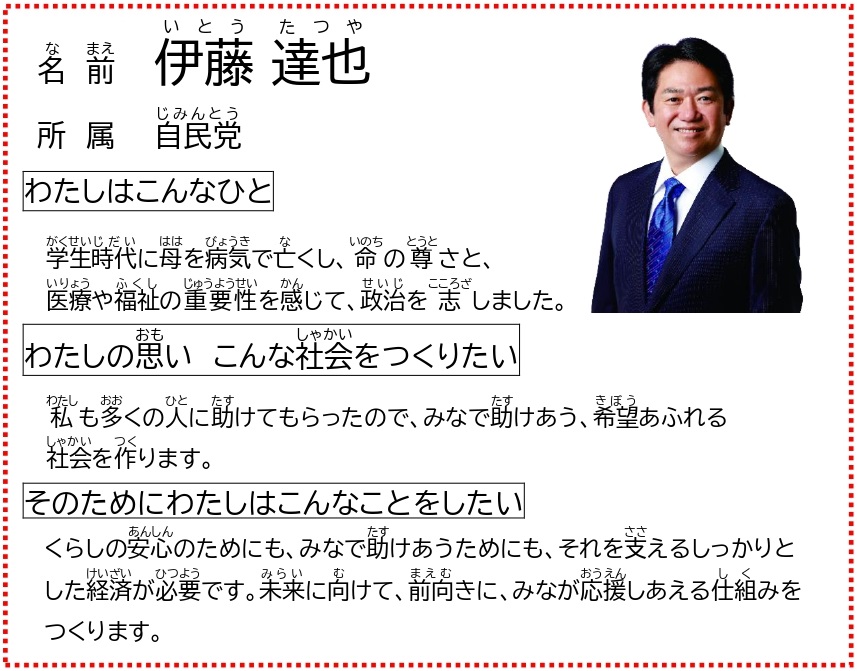 （いとうこうほ　わかりやすいめいし） なまえ　いとう　たつや しょぞくせいとう　じみんとう いとうこうほ　にっこりわらったかおじゃしん わたしはこんなひと　がくせいじだいにははをびょうきでなくし、いのちのとうとさと、いりょうやふくしのじゅうようせいをかんじて、せいじをこころざしました。 わたしのおもい　こんなしゃかいをつくりたい　わたしもおおくのひとにたすけてもらったので、みなでたすけあう、きぼうあふれるしゃかいをつくります そのためにわたしはこんなことをしたい　くらしのあんしんのためにも、みなでたすけあうためにも、それをささえるしっかりとしたけいざいがひつようです。みらいにむけて、まえむきに、みながおうえんしあえるしくみをつくります。