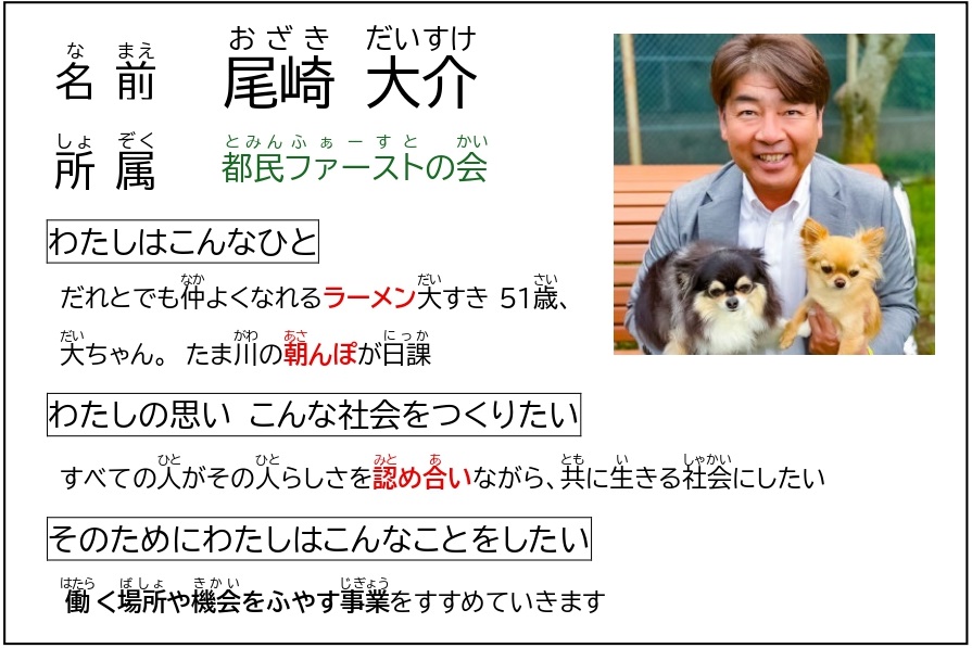 なまえ　おざき　だいすけ　　しょぞく　とみんふぁーすとのかい　　わたしはこんなひと　だれとでもなかよくなれるラーメンだいすき　51さい、だいちゃん　たまがわのあさんぽがにっか　　わたしのおもい　こんなしゃかいをつくりたい　　すべてのひとがそのひとらしさをみとめあいながら、ともにいきるしゃかいにしたい　　そのためにわたしはこんなことをしたい　　はたらくばしょやきかいをふやすじぎょうをすすめていきます